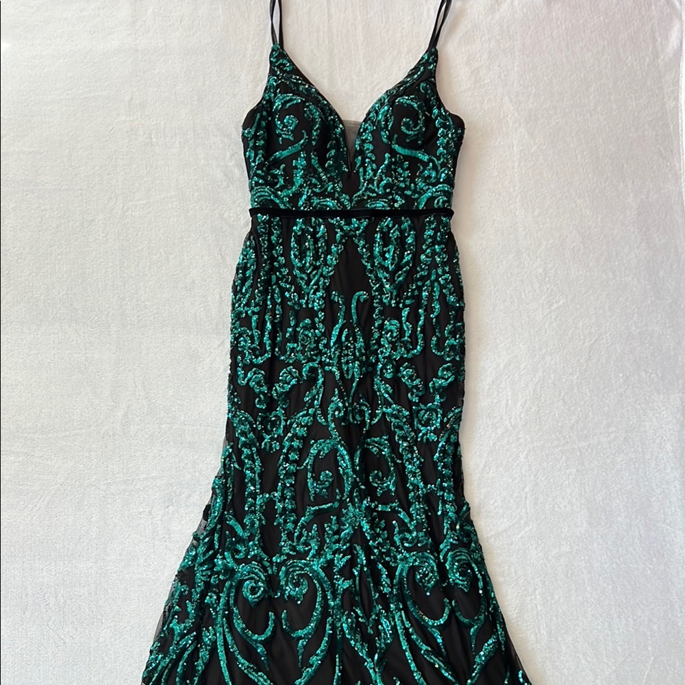 Green and Black Sequin Formal Dress
